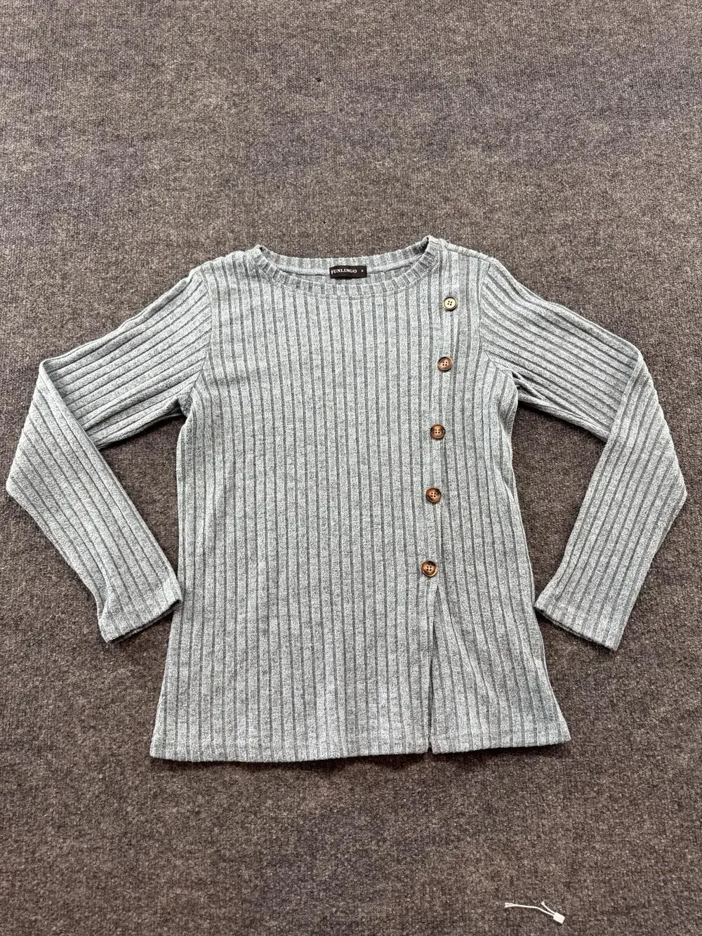 FUNLINGO Sweater Womens Small Gray Ribbed Button Detail Long Sleeve Pullover